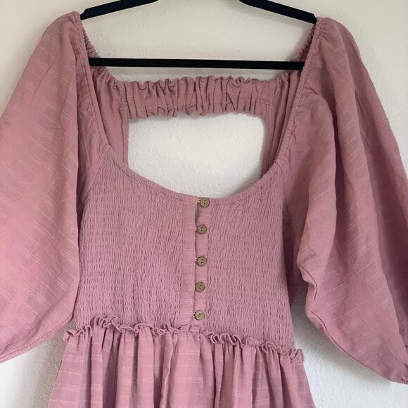 Free People Summer Picnic Smocked Balloon Sleeve Mini Dress in Purple Pink - Picture 3 of 15